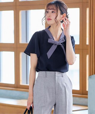 Tiaclasse 【洗える】配色リボンタイブラウス ネイビー
