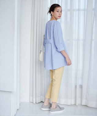 Tiaclasse L 【小倉優子さん着用・選べる袖TYPE・洗える】バックフレアチュニック 七分袖サックスストライプ