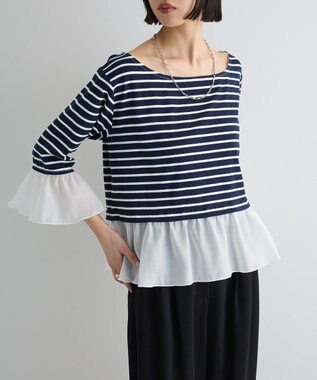 Green Parks 異素材ボーダーペプラムカットソー Navy