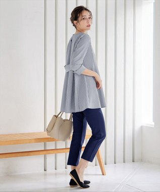Tiaclasse L 【小倉優子さん着用・選べる袖TYPE・洗える】バックフレアチュニック 七分袖ネイビーストライプ