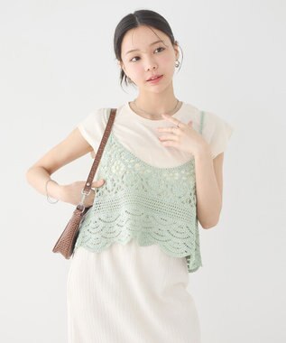 earth music&ecology ＳＥＴ２点　クロシェキャミ＋ノースリーブプルオーバー Light Khaki