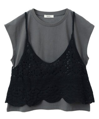 earth music&ecology ＳＥＴ２点　クロシェキャミ＋ノースリーブプルオーバー Black