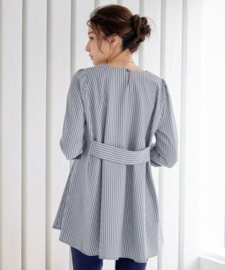 Tiaclasse L 【小倉優子さん着用・選べる袖TYPE・洗える】バックフレアチュニック 七分袖ネイビーストライプ