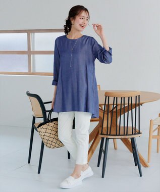 Tiaclasse L 【小倉優子さん着用・選べる袖TYPE・洗える】バックフレアチュニック 新色 七分袖ブルー