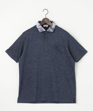 JOSEPH ABBOUD 【キングサイズ・吸水速乾】リネンハニカム ポロシャツ(リーフ柄） ネイビー系