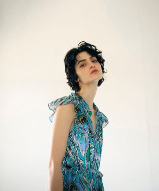 GRACE CONTINENTAL シフォンプリントティアードワンピース ブルー