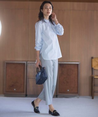 J.PRESS LADIES 【洗える】ランダムストライプ フリルネック ブラウス サックスブルー系1