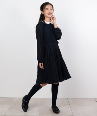 組曲 KIDS 【150-170cm】シフォンプリーツコンビ ワンピース ネイビー系