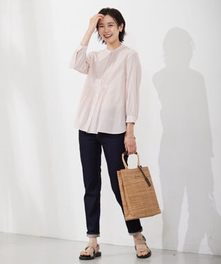 J.PRESS LADIES 【洗える】 コットンアセVis ストライプ バンドカラー ブラウス オレンジ系1