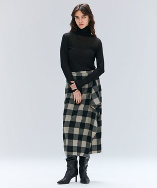 BEIGE， HOBBS / フェイクレザーポケットウールチェックラップスカート L.Khaki × Black