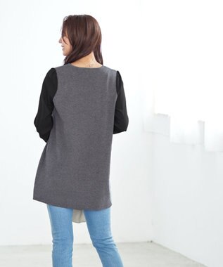 Tiaclasse 【洗える】タック袖コンビニットチュニック チャコールグレー