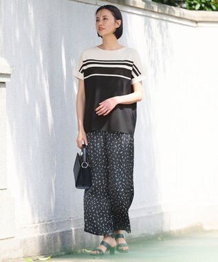 自由区 【洗える】クレープストレッチブロッキングボーダー ニット ネイビー系1