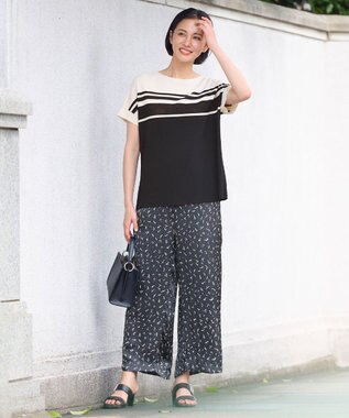 自由区 【洗える】クレープストレッチブロッキングボーダー ニット ネイビー系1