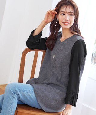 Tiaclasse 【洗える】タック袖コンビニットチュニック チャコールグレー