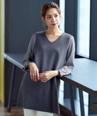 Tiaclasse 【洗える】タック袖コンビニットチュニック ブルー