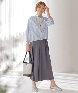 J.PRESS LADIES 【洗える・接触冷感・吸水速乾】麻STRIPE バンドカラー シャツ ブラウス サックスストライプ系