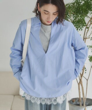 WEGO 【ANGIE VINTAGE】スキッパーシャツ ブルーストライプ