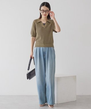 AMERICAN HOLIC 衿付きメッシュ編み半袖ニットプルオーバー Olive