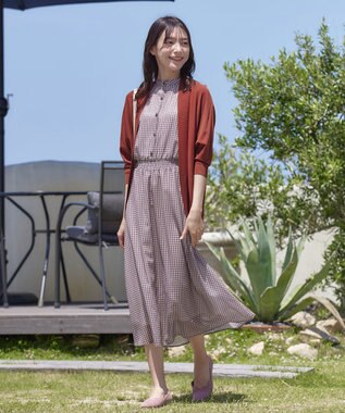 Tiaclasse L 【新色追加・洗える】チェック柄フレア袖シアーワンピース オフホワイト