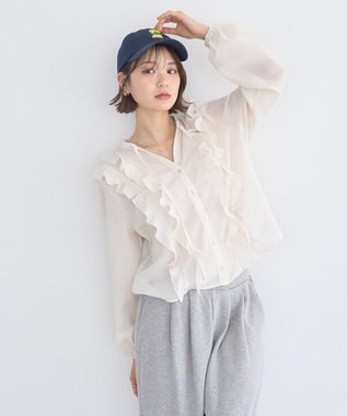 earth music&ecology フリルリボンブラウス Off White
