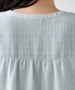 Tiaclasse L 【セットアップ対応】ドビーチェックタックパフ袖ブラウス サックス