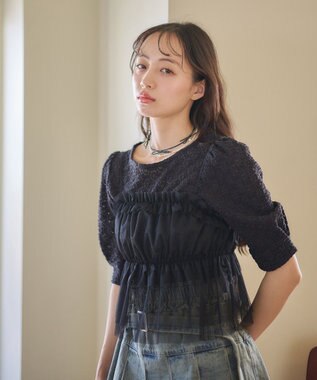 earth music&ecology ＳＥＴ２点フラワープルオーバー＋チュールビスチェ Black