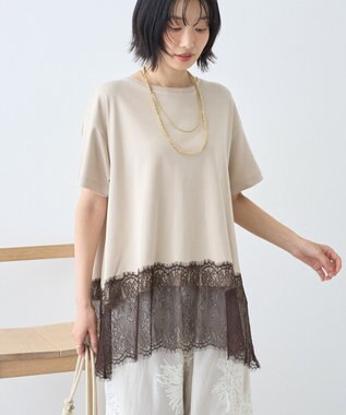 AMERICAN HOLIC 裾レース半袖プルオーバー Gray Beige