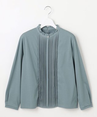 J.PRESS LADIES L プレーティングジャージー フリルネック カットソー グレイッシュグリーン系