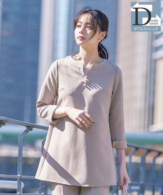  【ダブルストレッチ・洗える】スキッパーパールチュニックブラウス