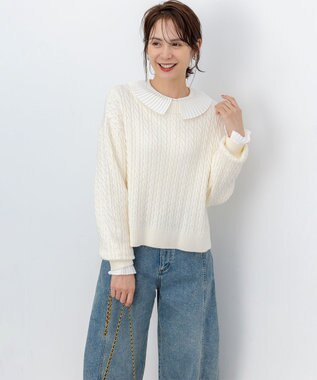 組曲 L 【加藤ローサさん着用】コットンカシミヤMIX ケーブル ニット アイボリー系
