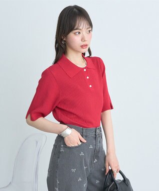 earth music&ecology 半袖ポロニットプルオーバー Red