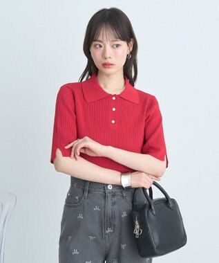earth music&ecology 半袖ポロニットプルオーバー Red