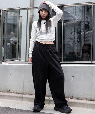 WEGO 【ウエストゴム】スウェットワイドパンツ ブラック