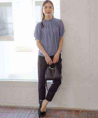 組曲 ライトデシンフリル襟 ブラウス ブルーストライプ系1