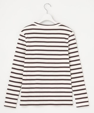 23区 L 【SLOW/洗える】ミドルフライスジャージー ロングTシャツ ホワイト×ダークブラウンボーダー