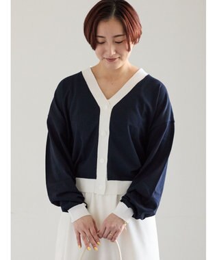 Te chichi 14G綿ポリVネックカーディガン ネイビー