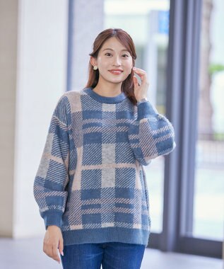 Tiaclasse 【洗える】チェック柄プルオーバーニット ブルー