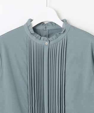 J.PRESS LADIES L プレーティングジャージー フリルネック カットソー グレイッシュグリーン系