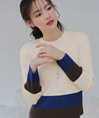 Tiaclasse 【洗える】マルチ配色ニットトップス オフホワイト