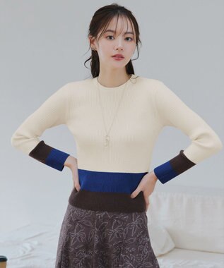 Tiaclasse 【洗える】マルチ配色ニットトップス オフホワイト