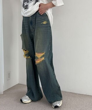 WEGO ダメージワイドデニムパンツ デニム中濃加工色