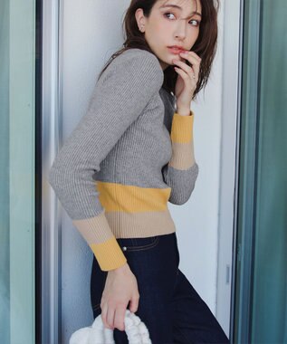 Tiaclasse 【洗える】マルチ配色ニットトップス グレー