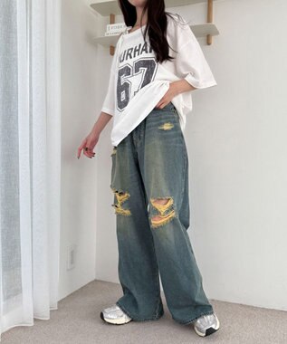 WEGO ダメージワイドデニムパンツ デニム中濃加工色