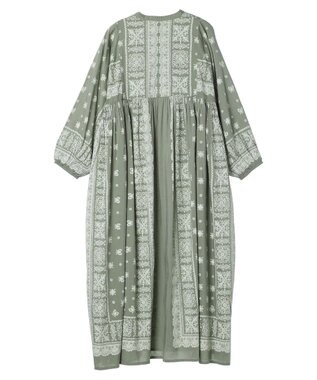CRAFT STANDARD BOUTIQUE インド綿パネル柄ウエスト切り替えボリュームワンピース Light Green