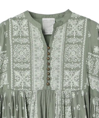 CRAFT STANDARD BOUTIQUE インド綿パネル柄ウエスト切り替えボリュームワンピース Light Green