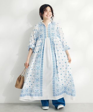 CRAFT STANDARD BOUTIQUE インド綿パネル柄ウエスト切り替えボリュームワンピース Blue