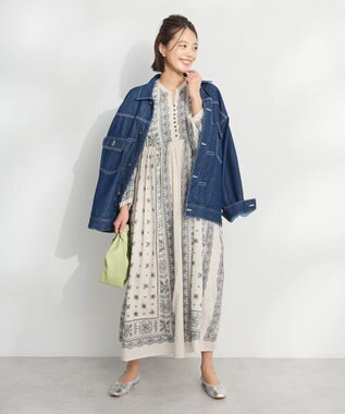 CRAFT STANDARD BOUTIQUE インド綿パネル柄ウエスト切り替えボリュームワンピース Light Beige