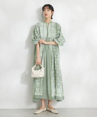 CRAFT STANDARD BOUTIQUE インド綿パネル柄ウエスト切り替えボリュームワンピース Light Green