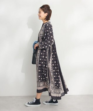 CRAFT STANDARD BOUTIQUE インド綿パネル柄ウエスト切り替えボリュームワンピース Charcoal Gray