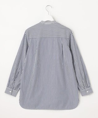 J.PRESS LADIES S 【洗える】 コンパクトコットン ストライプ バンドカラー ブラウス ネイビー系1